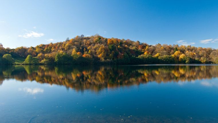 Ein ruhiger See mit bunten Herbstbäumen im Hintergrund. Der klare, blaue Himmel spiegelt sich im Wasser.