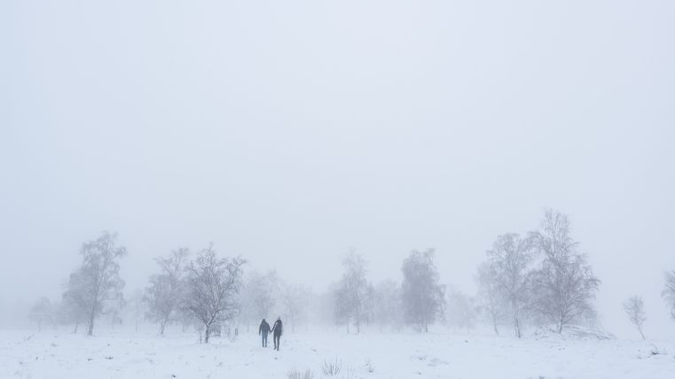 Twee mensen lopen door een besneeuwd, mistig landschap met kale bomen.