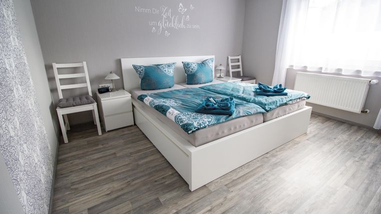 A cozy bedroom with a large bed and blue pillows. The room is bright and furnished in a modern style, with wooden flooring and plenty of daylight.
