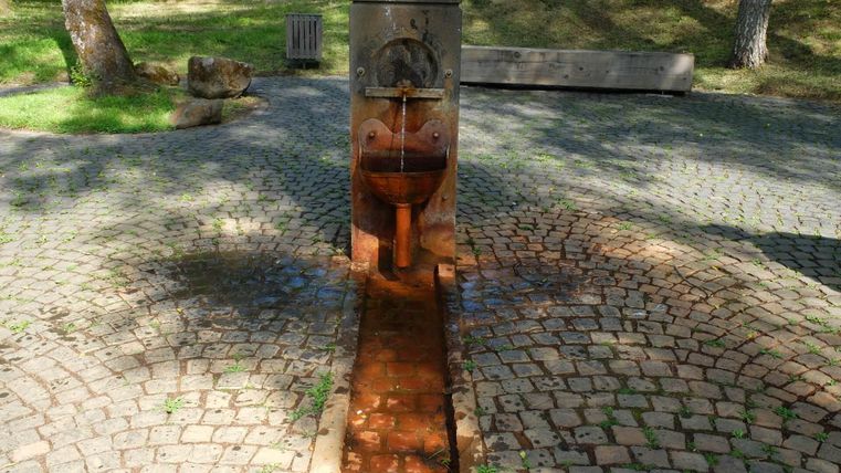 Ein Brunnen aus Stein mit fließendem Wasser steht auf einem gepflasterten Weg. Im Hintergrund sind Bäume und eine gemütliche Bank sichtbar.