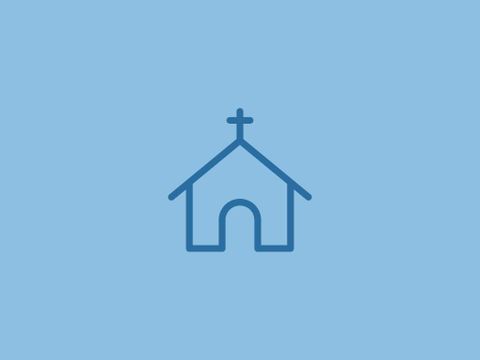 Ein einfaches Icon einer Kirche auf blauem Hintergrund. Die Kirche hat einen kreuzförmigen Turm und einen offenen Eingang.
