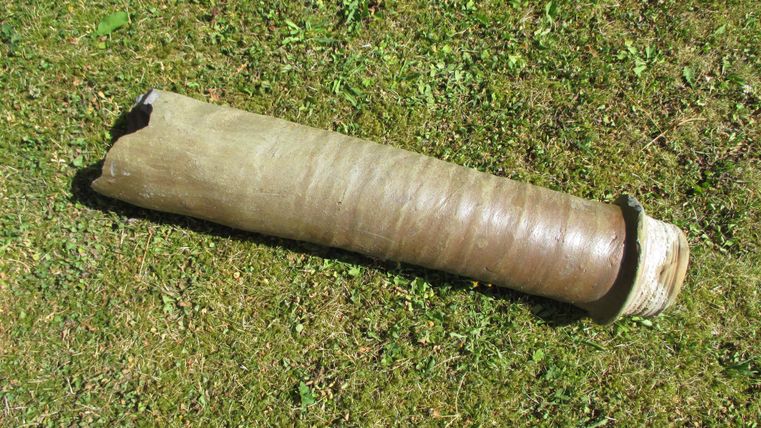 A long, cylindrical object lies on green grass. It has a smooth surface and a rounded end.