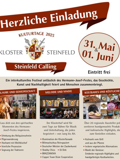 Ein einladendes Plakat für die Kultur- und Festtage 2025 im Kloster Steinfeld. Es hebt das interkulturelle Fest mit Aktivitäten zu Glauben, Musik und regionalen Köstlichkeiten hervor.