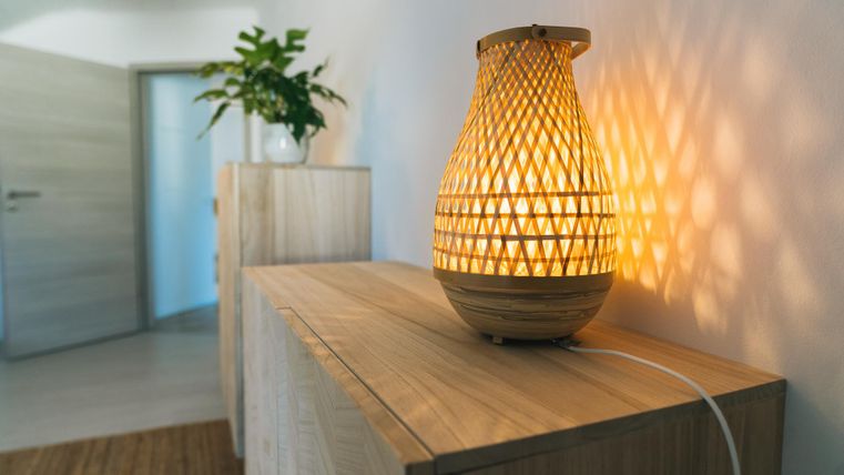 Een stijlvolle lamp op een houten kast die warm licht uitstraalt. Op de achtergrond is een plant en een open deur te zien.