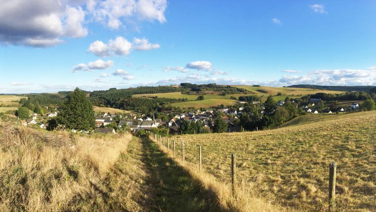 Eine idyllische Landschaft mit sanften Hügeln und einem kleinen Dorf im Hintergrund. Der Himmel ist klar mit einigen Wolken.