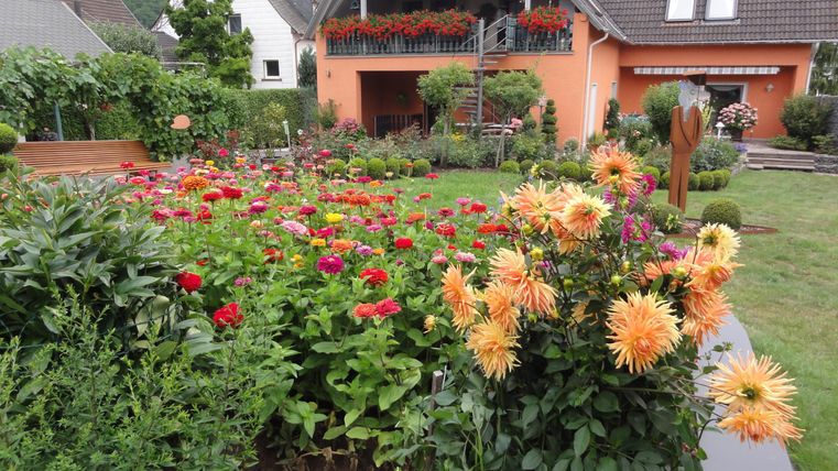 A beautiful garden with colorful flowers and a cozy house in the background. The flowerbeds are well-maintained and radiate a splendor of colors.