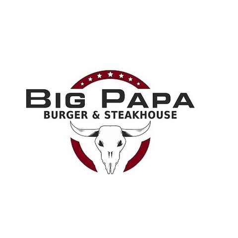 Logo van Big Papa Burger & Steakhouse met een stierenkop en sterren in een rode halve cirkel.