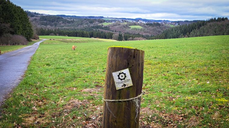 Een wegwijzer op een houten paal in een groene landschap. Achtergrond zijn zachte heuvels en een bewolkte lucht te zien.
