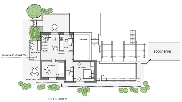 Ein architektonischer Grundriss eines Hauses mit einem Rosengarten und einem Eingang. Der Plan zeigt die Anordnung von Räumen und Außenbereichen.