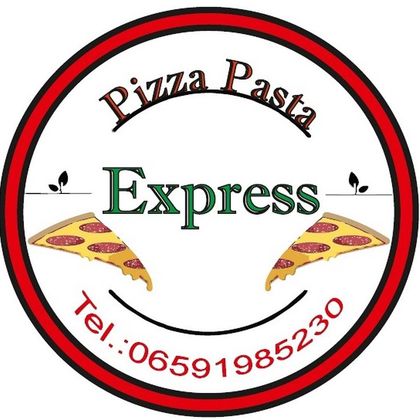 Rundes Logo von Pizza Pasta Express mit zwei Pizzastücken und der Telefonnummer 06591985230. Der Text ist in Rot und Grün gehalten.