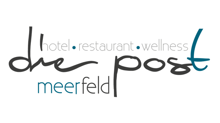 Het logo van hotel "die post" in Meerfeld. Het omvat de gebieden hotel, restaurant en wellness.