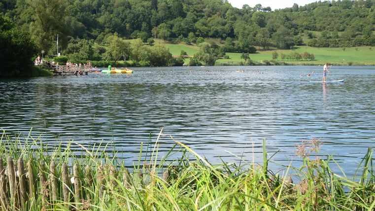 Een rustige plas omringd door groene bossen en weiden. In het water zijn mensen te zien die aan het zwemmen en stand-up paddlen zijn.