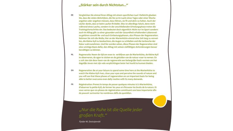 Ein Dokument mit Informationen zur Regeneration in der Marlenhütte. Der Text enthält inspirierende Zitate und Hinweise zur Stärkung durch Ruhe und Erholung.