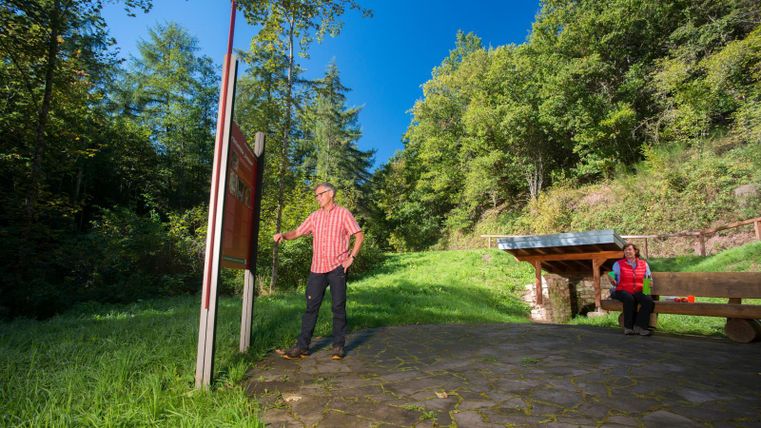 Ein Mann steht vor einem Informationstafel im Wald, während eine Frau auf einer Bank sitzt. Die Umgebung ist grün und sonnig, umgeben von Bäumen.