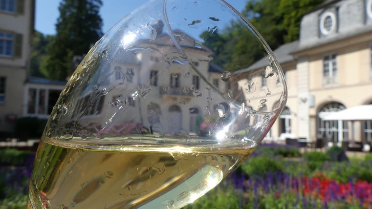 Ein Glas mit hellem Wein vor einem schönen, blühenden Garten und einer eleganten Villa. Die sonnige Atmosphäre lädt zum Entspannen ein.