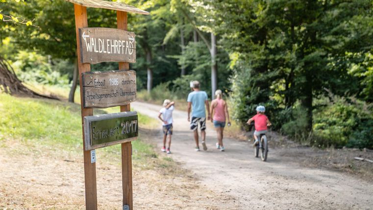 Eine Familie geht auf einem Waldweg. Im Vordergrund ist ein Wegweiser mit dem Wort "Wildgehege" zu sehen.