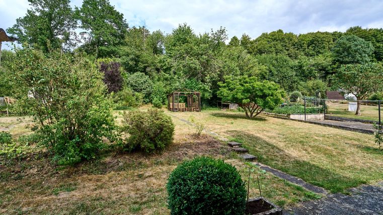 Ein ruhiger Garten mit bewachsenen Flächen und Bäumen im Hintergrund. Der Rasen ist teilweise trocken und es gibt eine Gartenlaube in der Mitte.