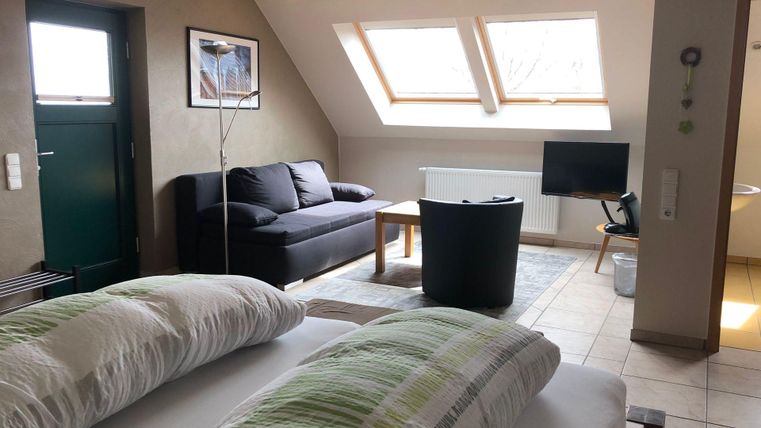 Ein helles Wohn- und Schlafzimmer mit Dachfenstern. Es gibt ein Sofa, einen Fernseher und ein gemütliches Bett.