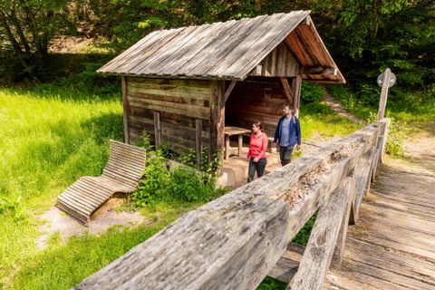 Eine Holzschutzhütte inmitten von grünem Gras und Bäumen. Zwei Personen stehen in der Nähe der Hütte und erkunden die Umgebung.