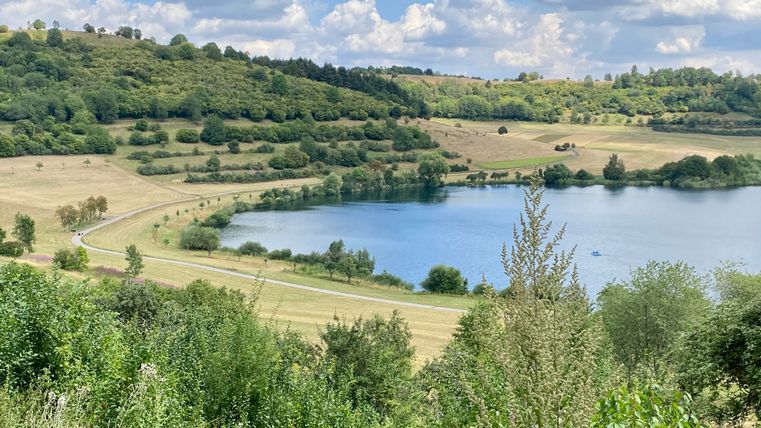 Eine malerische Landschaft mit einem ruhigen See und sanften Hügeln. Der Himmel ist blau mit weißen Wolken und die Vegetation ist üppig.