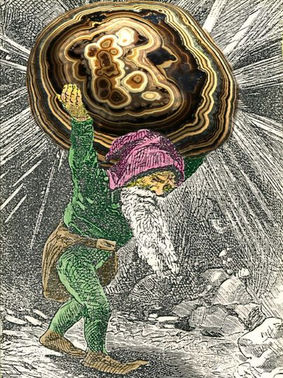A colorful dwarf carries a large, shiny stone on his shoulders. In the background, a radiant light source shines, and the surroundings are rocky.