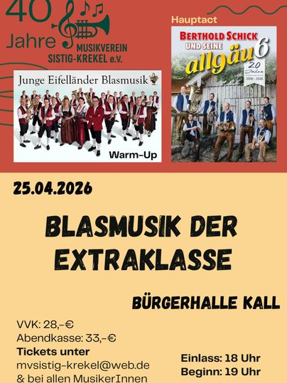 Een poster voor een muziekgebeurtenis met de titel "Blasmusik der Extraklasse". Het bevat informatie over datum, tijden en ticketprijzen, evenals een afbeelding van de deelnemende muziekgroepen.