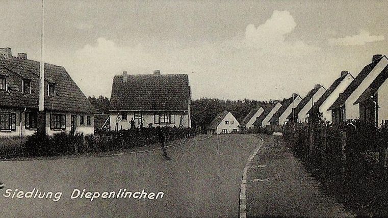 A quiet street with residential houses in a settlement. The surroundings are green and rural.