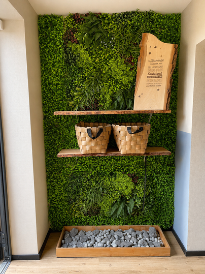 Eine grüne Wand mit Pflanzen und zwei Regalböden aus Holz. Auf den Regalen stehen geflochtene Körbe und eine Holztafel mit einer Inschrift.