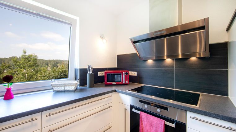 Eine moderne Küche mit einem Fenster, das Blick ins Grüne bietet. Die Ausstattung umfasst einen Herd, einen Dunstabzug und eine mikrowelle.