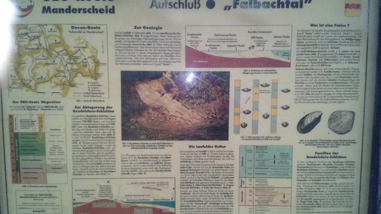 An information panel about the GEO Route Manderscheid, which presents geological information and images of the Fellbach Valley. The panel contains diagrams and explanations of the region's geology.