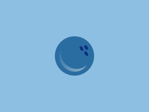 A simple illustration of a blue bowling ball on a light blue background. The ball has three holes and a smiling face.