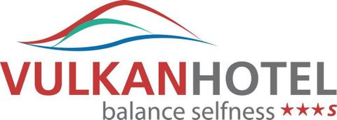 The logo of the volcano hotel with the slogan "Balance Selfness" and three stars. It features a stylized mountain landscape in the colors red, blue, and green.
