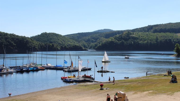 Eine ruhige Seenlandschaft mit Segelbooten und sanften Hügeln im Hintergrund. Menschen genießen den Tag am Wasser und auf der Wiese.