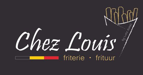 A logo for "Chez Louis", a fry shop. It features French fries and uses the colors of the Belgian flag.