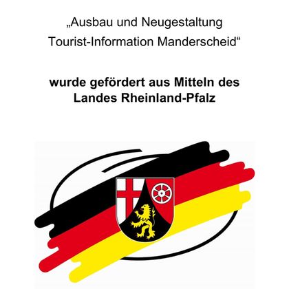 Een document dat het project voor de uitbreiding en herinrichting van de VVV Manderscheid beschrijft. Er wordt vermeld dat de financiering afkomstig is uit middelen van de deelstaat Rheinland-Pfalz.