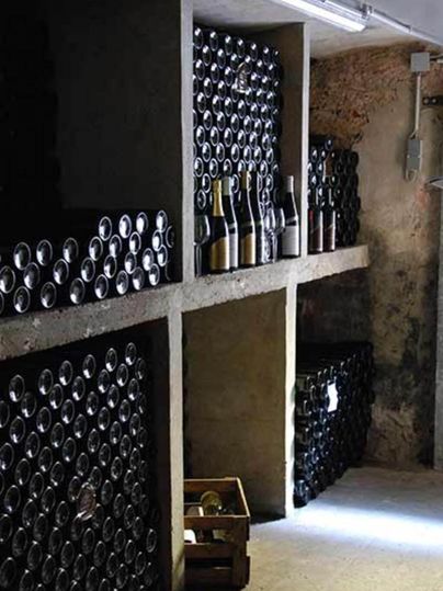 A wine cellar with shelves made of concrete, filled with various wine bottles. The light gently falls on the bottles, creating a cozy atmosphere.
