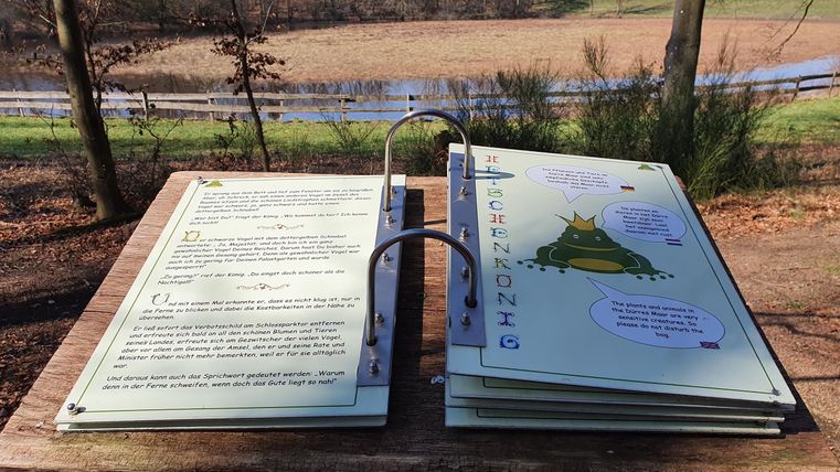 Ein Informationskatalog auf einem Holztisch steht in der Natur. Im Hintergrund sieht man einen See und Bäume.