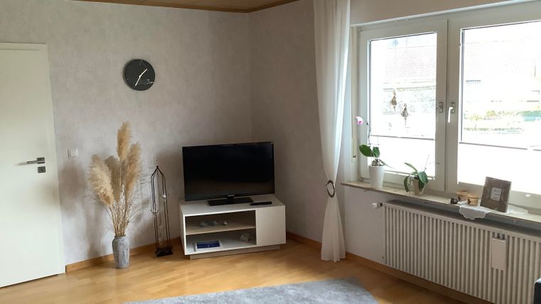 Ein modernes Wohnzimmer mit einem grauen Sofa, einem Fernseher und großen Fenstern. Sanfte Farben und Pflanzen sorgen für eine einladende Atmosphäre.