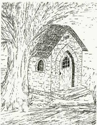 A small stone house with a pointed roof stands next to a large tree. The windows are round and the door has a distinctive shape.