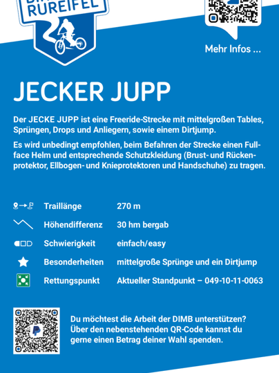 Een informatief poster over Bikepark Rureifel met de focus op de freeride-route "Jecker Jupp". Het bevat details over de lengte van de trail, moeilijkheidsgraad en veiligheidsmaatregelen.