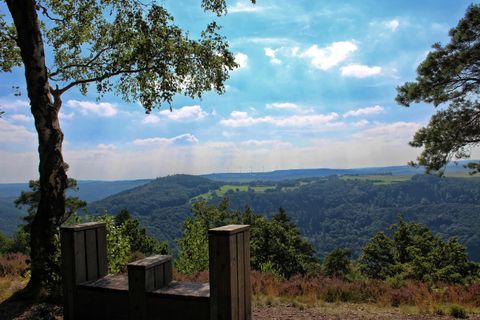 Ein malerischer Blick auf sanfte Hügel unter einem klaren Himmel. Im Vordergrund sind Holzstrukturen und Bäume zu sehen.