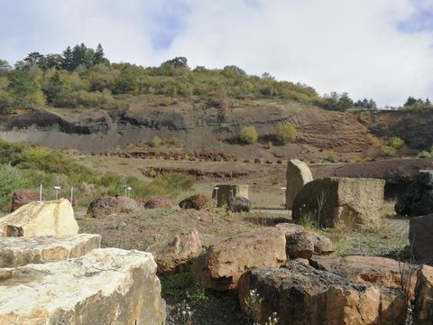 Eine felsige Landschaft mit verstreuten Steinen und erodierten Hängen. Im Hintergrund sind Bäume und eine bewölkte Himmel.