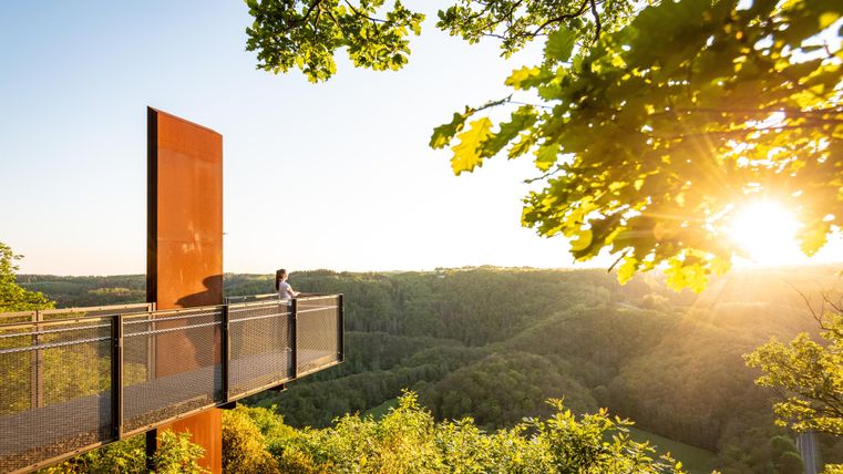Een uitkijkplatform in de natuur, omgeven door bomen en landschap. De zon gaat achter de heuvels op en zorgt voor een warme, gouden sfeer.