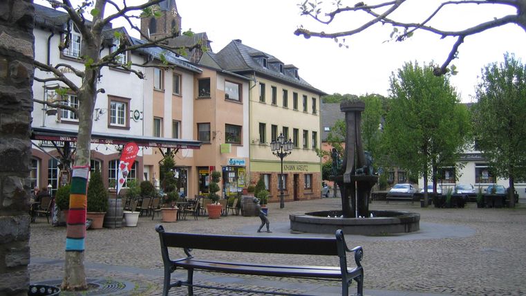Een mooie plek met een fontein en bomen. Omringd door kleurrijke gebouwen en cafés.