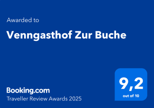 Een onderscheiding voor Venngasthof Zur Buche. De beoordeling bedraagt 9,2 van 10 op Booking.com voor de Traveller Review Awards 2025.