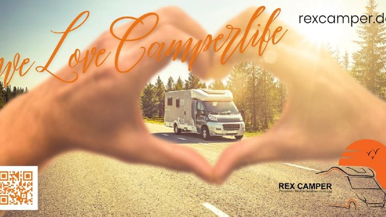 A motorhome is driving on a road surrounded by trees. Hands form a heart and the text "We Love Camperlife" is visible.