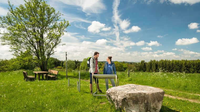 Zwei Personen im Naturschutzgebiet Steinbüchel neben einem Infotisch und einem großen Stein. Im Hintergrund Bäume, ein Tisch mit Bänken und blauer Himmel.
