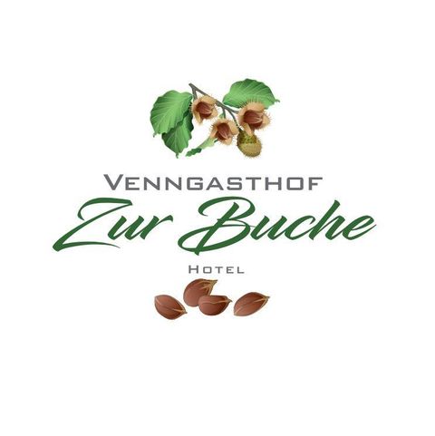 Ein Logo des Venngasthofs zur Buche. Es zeigt einen Zweig mit Blättern und Haselnüssen sowie den Schriftzug „Hotel • Restaurant • Bar“.
