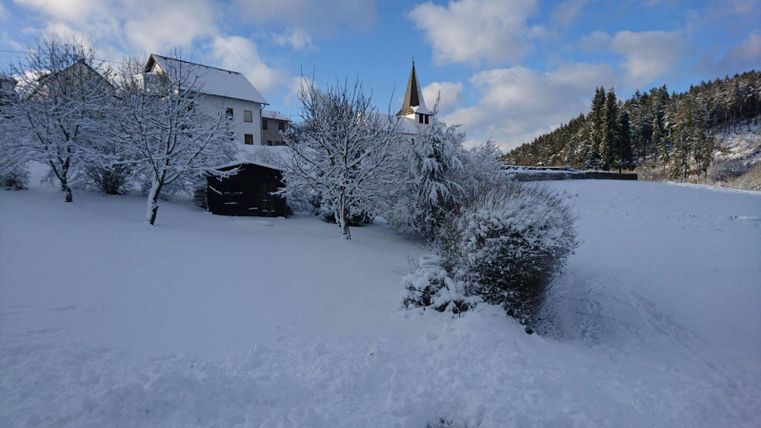 Een besneeuwd landschap met een wit veld en met sneeuw bedekte bomen. Op de achtergrond zijn een huis en een kerkuil te zien.
