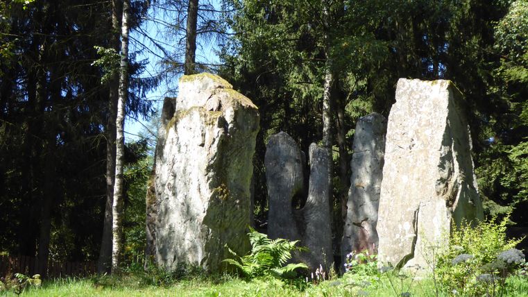 Ein Gruppen von großen Steinen steht in einer grünen Wiese, umgeben von Bäumen. Die Sonne scheint durch die Blätter und schafft eine ruhige Atmosphäre.